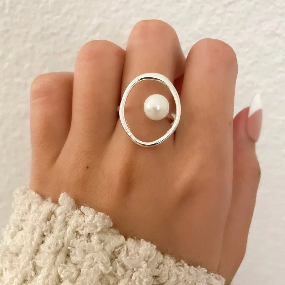 925 Sterling Silver Pearl Statement Ring Boho Minimalist Oval Round Ring